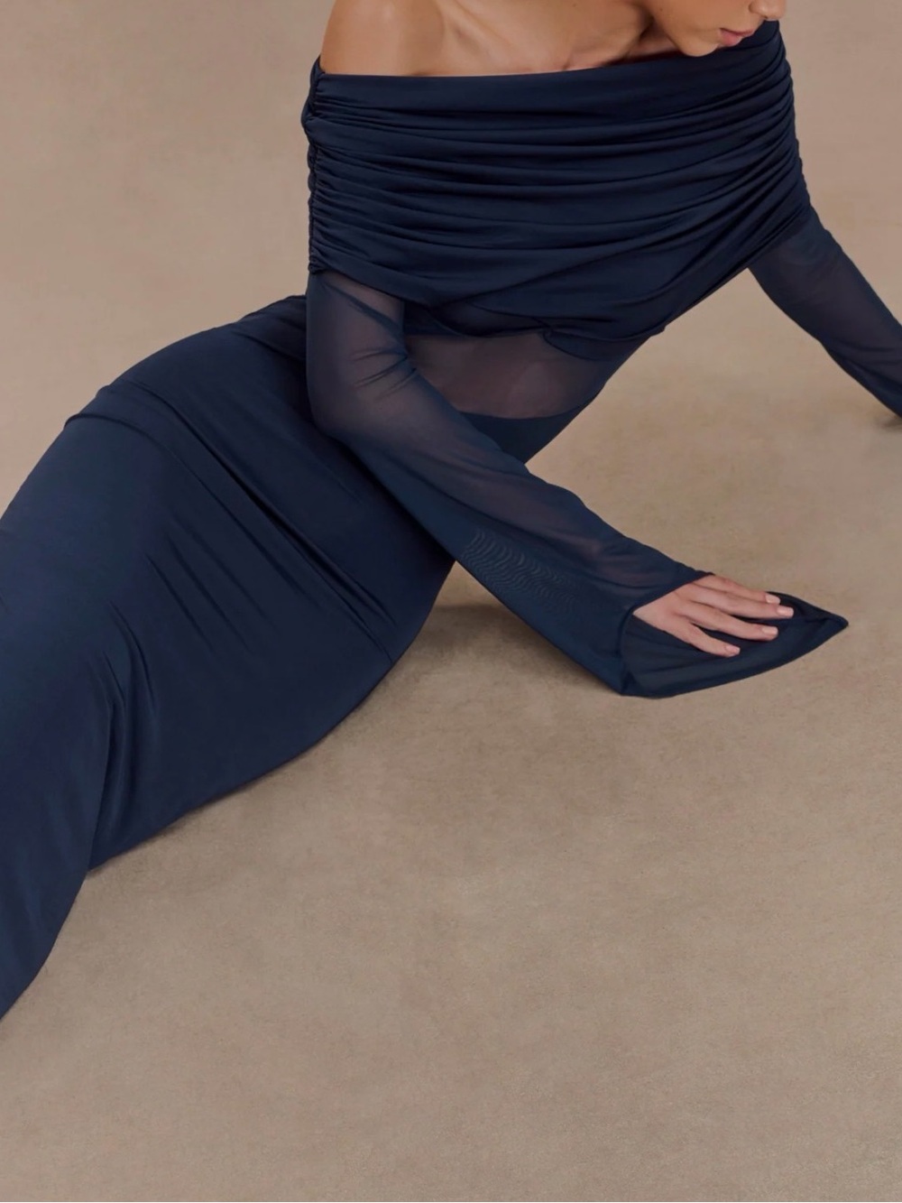 Meshki Navy Blue Off-Shoulder Long Sleeve Evening Gown - Picture 4 of 10